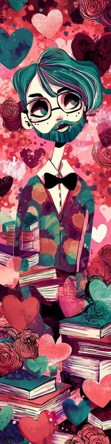 Free teacher bookmark featuring a teacher with books on a hearts background